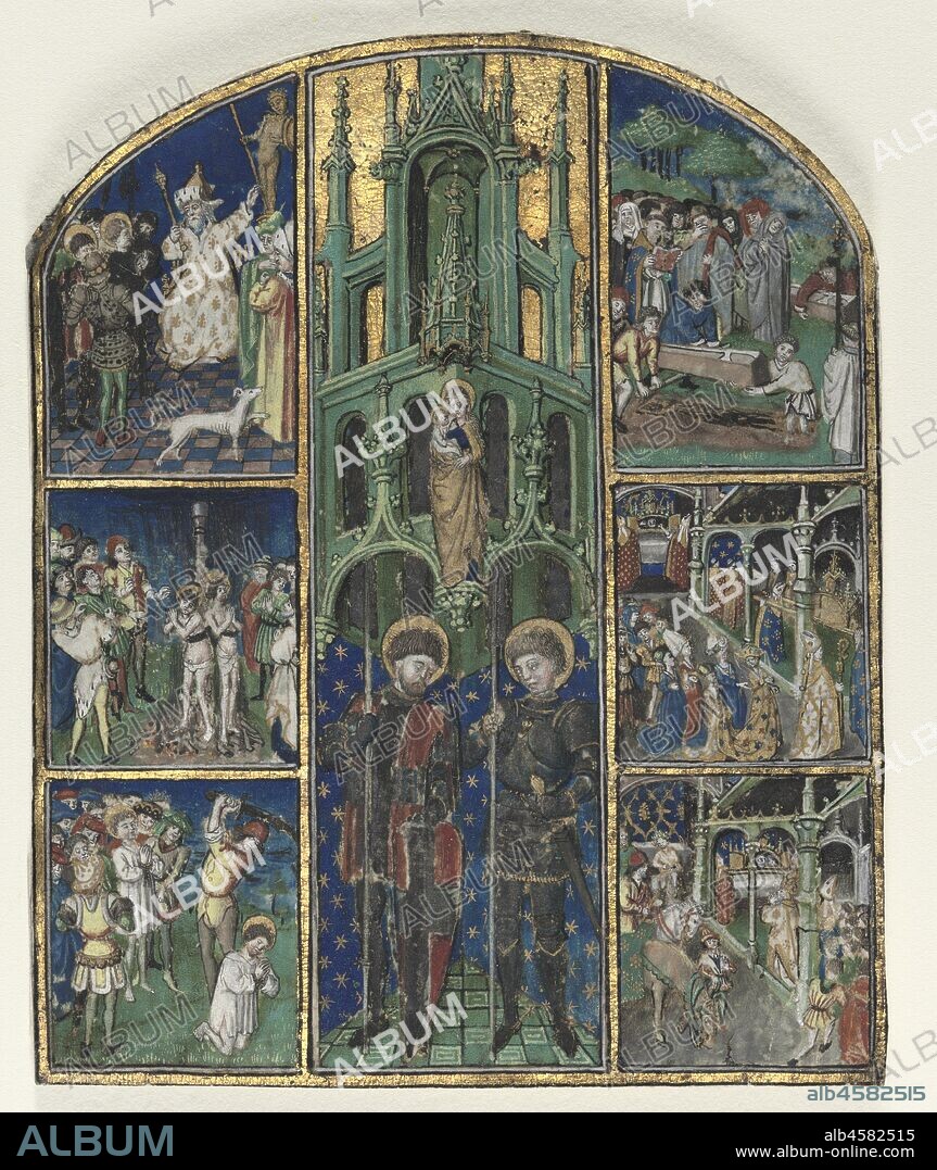Leaf from the Hours of Duke Louis of Savoy: Saints Nereus and Achilleus, mid-1400s. Once illustrating a book of hours made for Louis, Duke of Savoy and Prince of Piedmont (1413-65), this miniature depicts two Roman martyrs of the early church, Nereus and Achilleus. Their feast day was jointly honored on May 12 suggesting this illustration comes from the Suffrages. The remainder of this book of hours is currently preserved in the Bibliothèque nationale in Paris. Louis is noted in history for receiving the famous Shroud of Turin from Margaret de Charny in 1453. The shroud was held by the House of Savoy before being bequeathed to the Holy See in 1983.