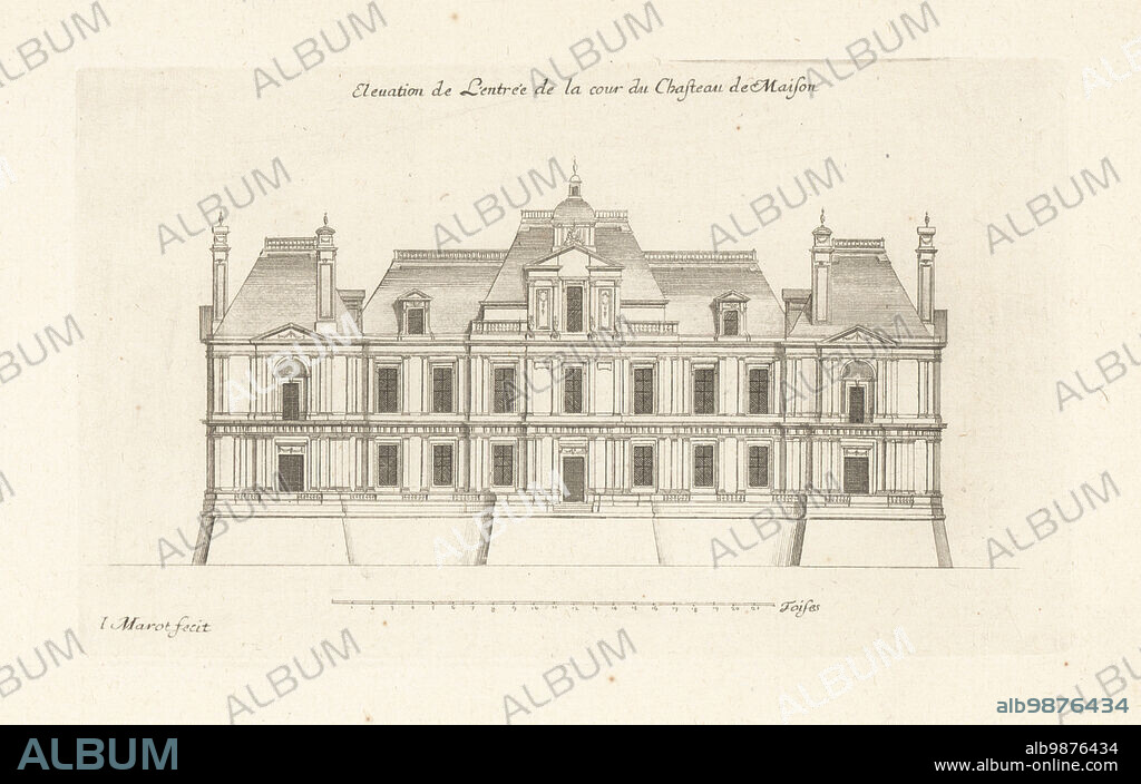 Elevation of the entrance to the courtyard of Chateau de Maisons (now Chateau de Maisons-Laffitte), designed by French architect Francois Mansart. Elevation de l'Entree de la cour du Chasteau de Maison. Copperplate engraving drawn and engraved by Jean Marot from his Recueil des Plans, Profils et Elevations de Plusieurs Palais, Chasteaux, Eglises, Sepultures, Grotes et Hotels, Collection of Plans, Profiles and Elevations of Palaces, Castles, Churches, Tombs, Grottos and Hotels, chez Mariette, Paris, 1655.