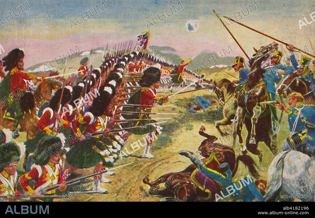 'The Argyll & Sutherland Highlanders. The Thin Red Line at Balaclava', 1854, (1939). The Thin Red Line was a military action by the British Sutherland Highlanders 93rd (Highland) Regiment at the Battle of Balaklava on 25 October 1854, during the Crimean War. A small force of 200 men led by Sir Colin Campbell and aided by 100 walking wounded, 40 detached Guardsmen and Turkish infantrymen, routed a Russian cavalry charge. From Battles for the Flag, a set of cards given away with British boys' comic The Wizard. [D. C. Thomson & Co., Dundee, 1939].