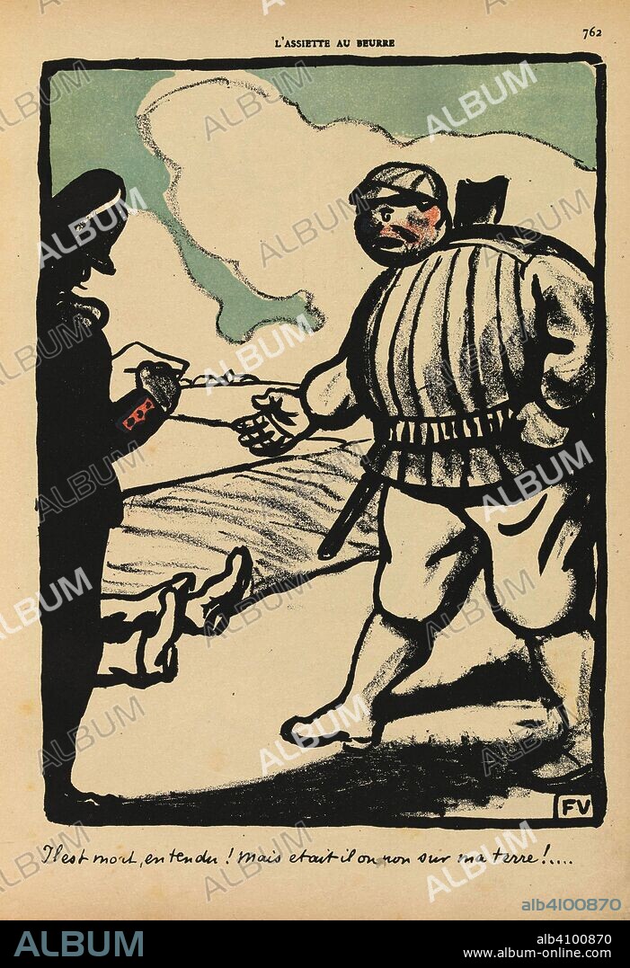 FELIX VALLOTTON (PEINTRE). All Right, So He's Dead!... (Il est mort, entendu!...) from Crimes et châtiments, special issue of the journal L'Assiette au beurre (1 March 1902). Dimensions: 32.4 cm x 24 cm, 26.6 cm x 19.4 cm.