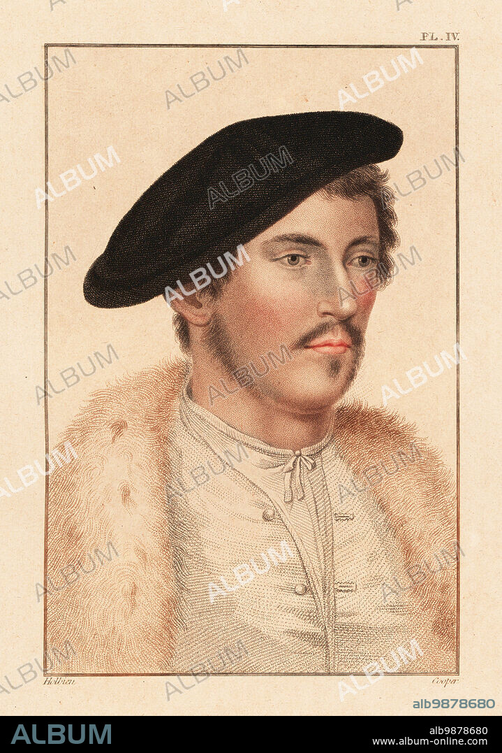 Portrait of an unknown man, court of King Henry VIII, c. 1532. Handcoloured copperplate stipple engraving by Robert Cooper after a portrait by Hans Holbein the Younger from Imitations of Original Drawings by Hans Holbein, John Chamberlaine, London, 1812.