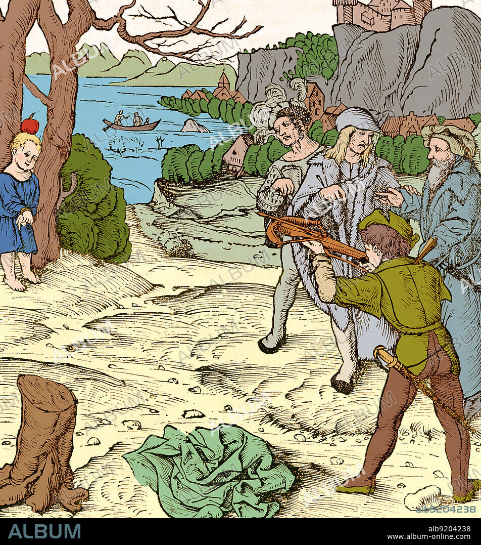 William Tell shooting an apple off the head of his own child. William Tell is a Swiss folk hero of Switzerland. According to legend, Tell was an expert mountain climber and marksman with a crossbow who assassinated Albrecht Gessler, a tyrannical reeve. Tell's defiance and tyrannicide marked the foundation of the Swiss Confederacy, of which Tell is considered the founding father. The first written records of the legend date to the latter part of the 15th century. Illustration from Sebastian Münster's Cosmographia, 1554. Colorized.