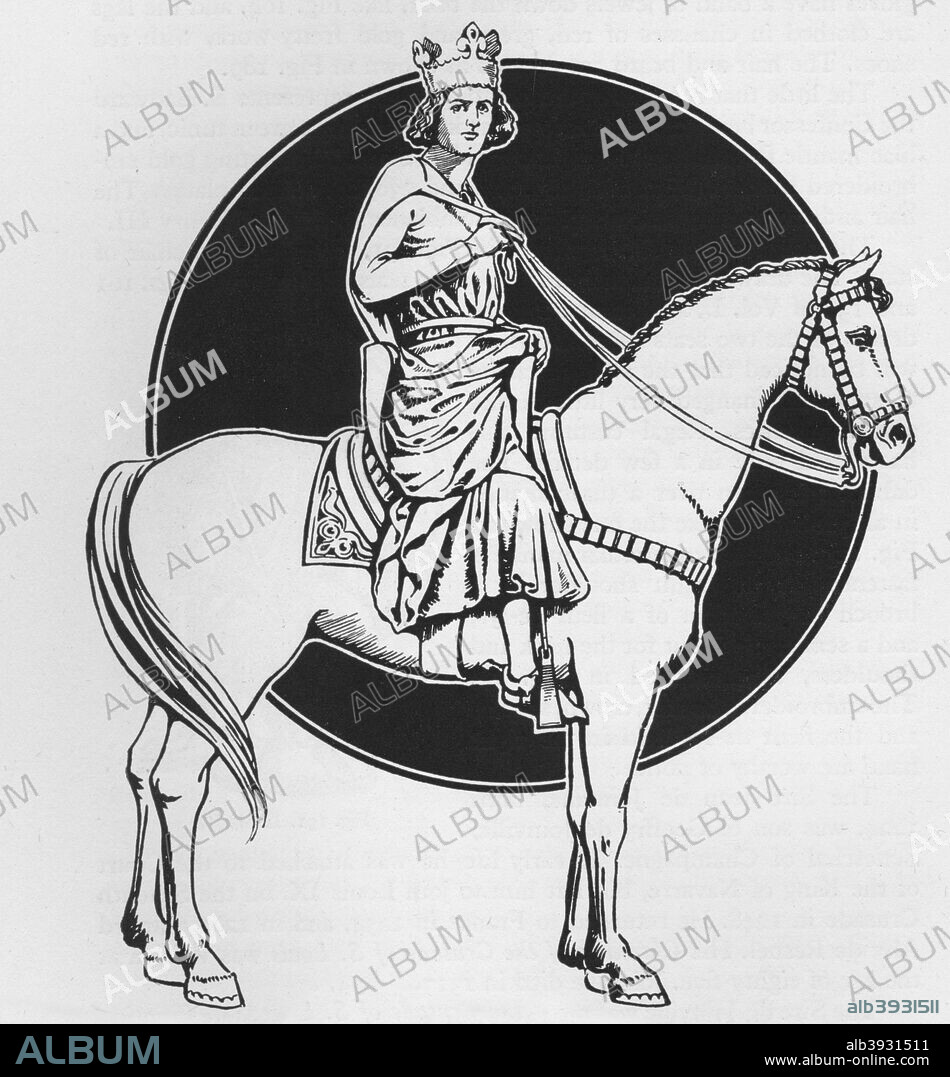 'The Emperor Frederick II', c1926. The Emperor Frederick II, Drawn from the statue known as Der Reiter, The Bamberg Horseman, in the cathedral of Bamberg, Germany. From Costume & Fashion, Volume Two, Senlac to Bosworth 1066-1485, by Herbert Norris. [J. M. Dent and Sons Ltd., London and Toronto, 1927].