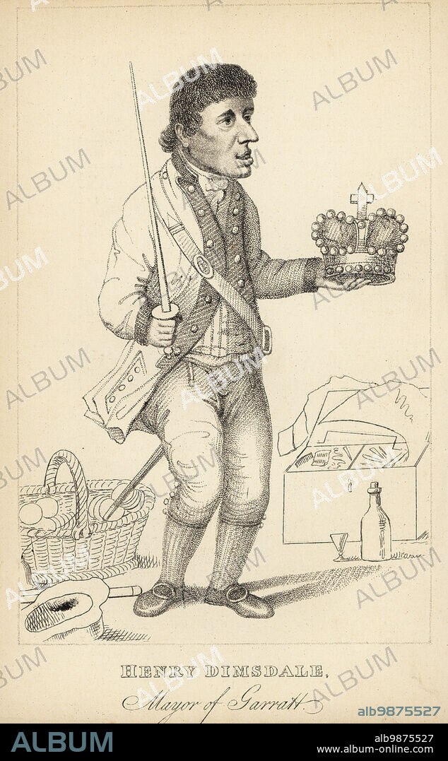 Sir Harry Dimsdale, foolish muffin seller, 1758-1811. Elected Mayor of Garratt following the death of Sir Jeffrey Dunstan in 1797. In costume as the Emperor to oppose Napoleon, military uniform with sword and crown, 1807. Sir Harry Dimsdale. Lithograph after a stipple engraving by Robert Cooper from Henry Wilson and James Caulfields Book of Wonderful Characters, Memoirs and Anecdotes, of Remarkable and Eccentric Persons in all ages and countries, John Camden Hotten, Piccadilly, London, 1869.