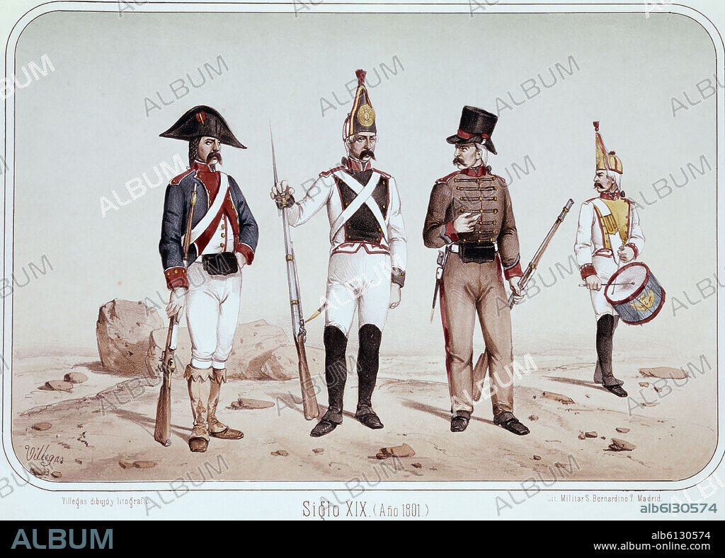 JOSE RUBIO DE VILLEGAS. INFANTERIA BORBONICA DEL AÑO 1801-L64-INFANTERIA LIGERA Y DE LINEA.