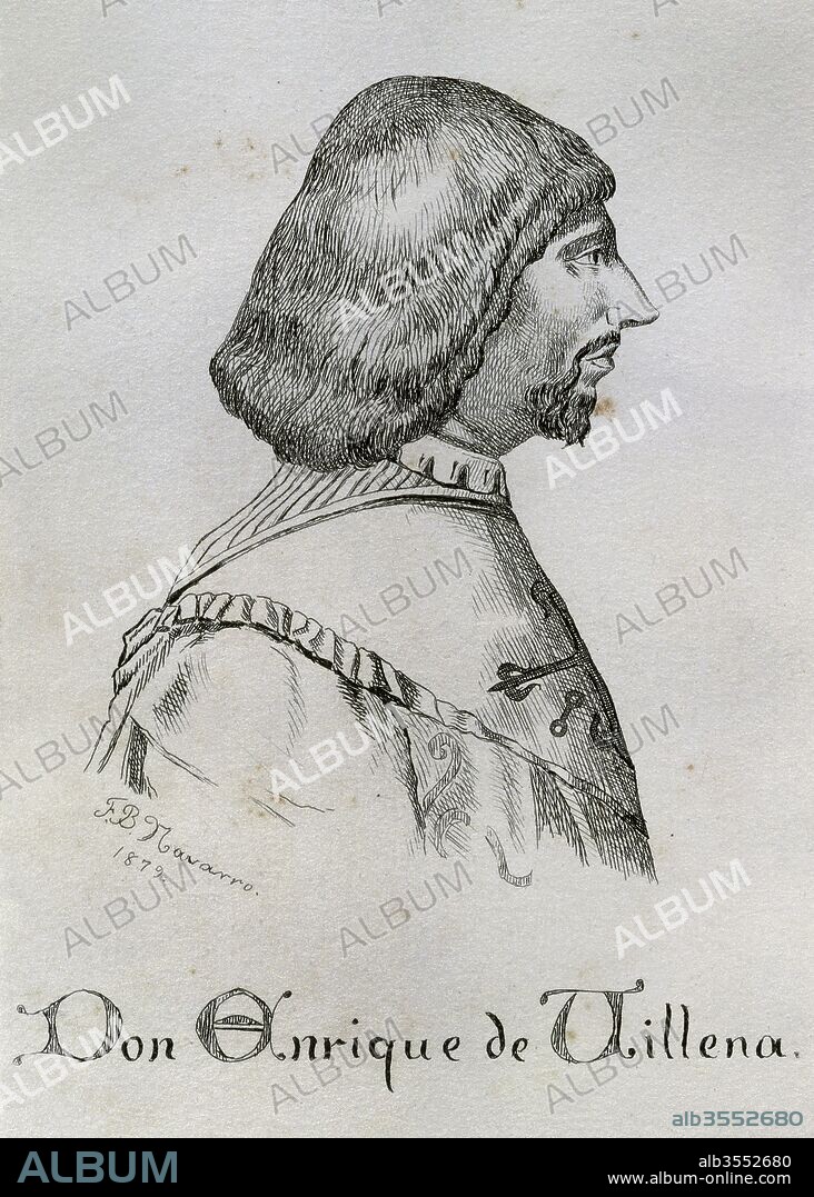Enrique de Villena (Torralba de Cuenca, 1384-Madrid, 1434), llamado "el Astrólogo" o "el Nigromante". Escritor español. Noble castellano nacido en la casa Trastámara, nieto ilegítimo de Enrique II de Castilla y descendiente de la casa de Aragón. Maestre de la Orden de Calatrava. Grabado perteneciente a la edición de su libro "Arte Cisoria", 1879.