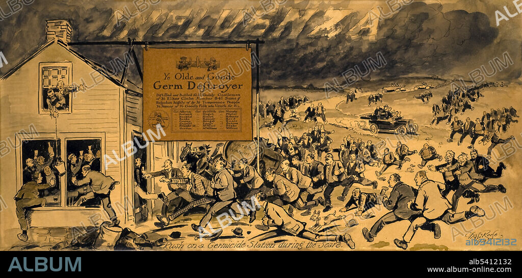 Rush on a germicide station during the scare. The drawing shows a small, wooden frame building with a large banner hanging from a pole over the sidewalk in front of the door. The sign says, "Ye olde and goode germ destroyer. Distilled and bottled for ye kindely gentlemen ..." Men are rushing to the door and climbing in the window, trying to get some of the bottled drink/medicine. The winding road leading to the building shows people running and driving in cars towards the building. The men are dressed in suits and have the names of the people they are intended to represent. Political cartoon is signed by Chas Reese, and dated 1919.