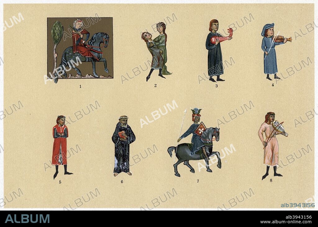 Troubadours, c13th-14th century. Bernard of Ventadour, Jaufre Rudel, Perdigon (3 and 4), Marcabru, The monk of Montaudon, Pons of Chapteuil, and Albertet. From a manuscript of the end of the 13th century, and number six from the 14th century, National Library, Paris.