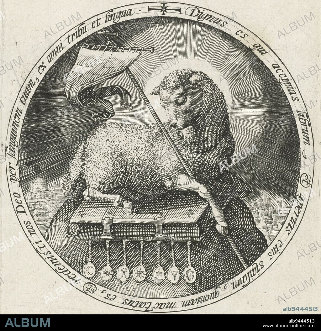 The Lamb of God, symbolizing Christ, lies on the book of the seven seals (Op. 5) and holds a banner of the cross. In the background is a view of heavenly Jerusalem. The scene is framed in a medallion with a border inscription in Latin. The print is part of a series with the twelve sibyls, Lamb of God on the Book of Seven Seals The Twelve Sibyls XII. Sibyllarum Icones Elegantissimi , print maker: Crispijn van de Passe (I), Cologne, 1601, paper, engraving, h 149 mm × w 117 mm.