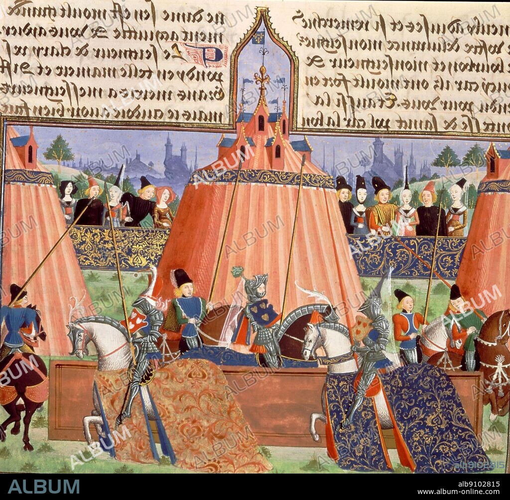 Two knights in armour on horseback with lances jousting. Manuscript illustration from the Chroniques de Froissart Harley (Chronicles of Froissart Harley), produced in Bruges..  Froissart's Chronicle was written in French by Jean Froissart. It covers the years 1322 until 1400 and describes the lead up to and the progress of the first half of the Hundred Years War. Jean Froissart (1337-1405) was one of the most important of the chroniclers of medieval France. For centuries, Froissart's Chronicles have been recognized as the chief expression of the chivalric revival of fourteenth-century England and France. His history is also one of the most important sources for the first half of the Hundred Years' War.