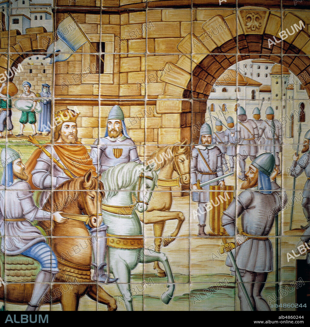 JAIME I ( 1209 - 1276 ). EL CONQUISTADOR. REY DE ARAGON Y CATALUÑA.. " CONQUISTA DE VALENCIA " PANEL DE AZULEJOS DE CERAMICA. VALENCIA.