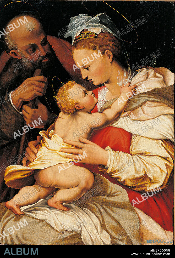 The Holy Family, by Pietro Bonaccorsi know as Perin del Vaga, 16th Century, oil on canvas, 92,5 x 67,5. Italy, Lombardy, Bergamo, Credito Bergamasco. Holy Family Madonna Jesus Child St Joseph man old man young lady.