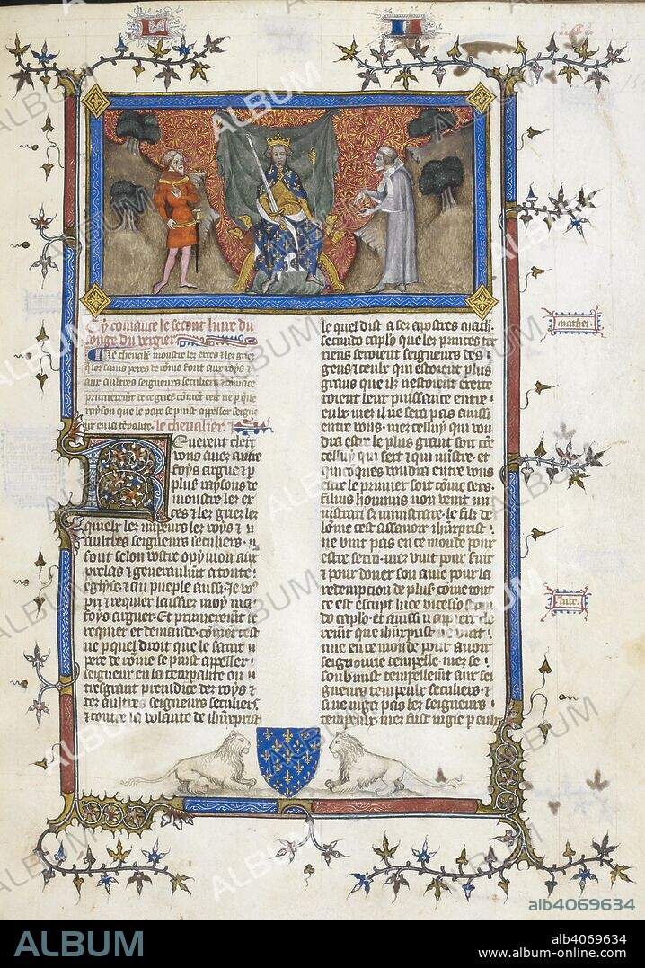 Miniature shows King Charles V of France enthroned, with a crown, sword and sceptre, between the Knight and the Clerk. Le Songe du Vergier. France, 1378. Source: Royal 19 C. IV, f.154. Language: French.