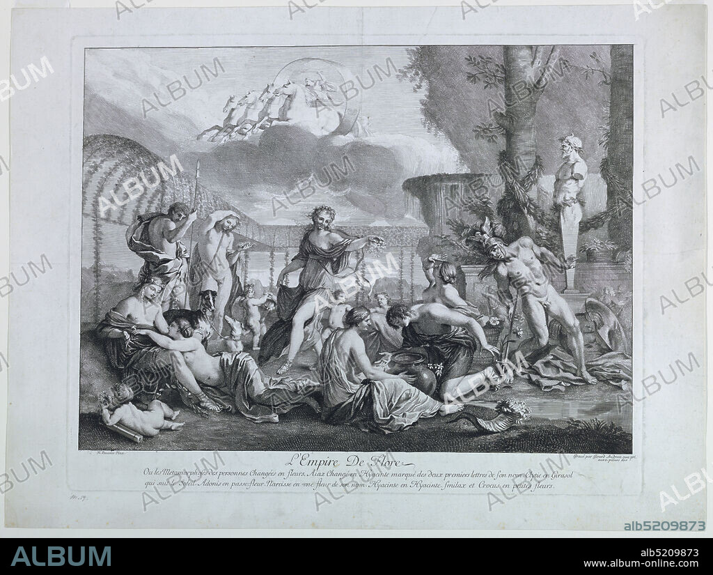 L'Empire de Flore, Gérard Audran, Flemish, active in France, 16401703, Nicolas Poussin, French, 15941665, Engraving on paper, In a garden setting, Flora is seen with her hand-maidens. Aurora in his chariot in the heavens. Also in the scene are Ajax, Hyacinthe, Clyte, Adonis and Narcissus., Paris, France, ca. 1680-1700, Print, Print.