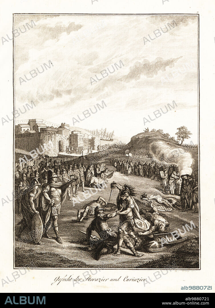 The mortal combat between the Horatii triplets from Rome and the Curiatii triplets from Alba Longa, 7th century BC. The last Roman Horatius brother emerges victorious before the watching armies. During the reign of the legendary third king of Rome, Tullus Hostilius. Combat des Horaces et des Curiaces. Copperplate engraving by David Weis after a design by Gabriel de St. Aubin from Professor Joseph Rudolf Zappes Gemalde aus der romischen Geschichte, Pictures of Roman History, Joseph Schalbacher, Vienna, 1800. German edition of Abbe Claude Francois Xavier Millots Abrege de lHistoire Romaine.