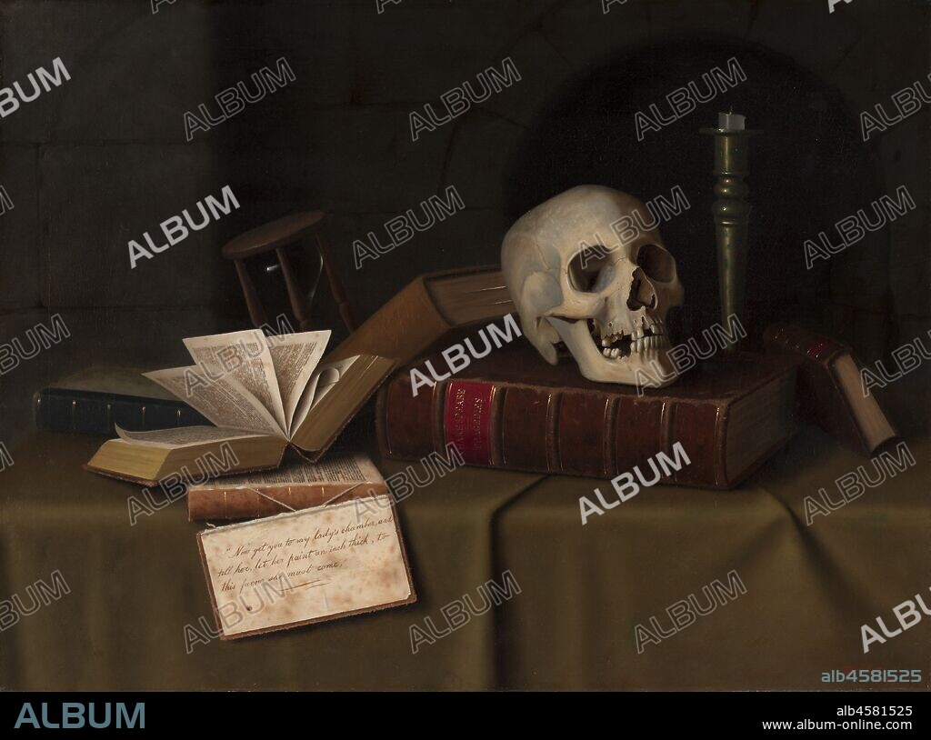 Memento Mori, "To This Favour", 1879. The Latin term  memento mori  describes a traditional subject in art that addresses mortality. In Harnett?s example, the extinguished candle, spent hourglass, and skull symbolize death. A quote from William Shakespeare?s  Hamlet , inscribed on the inside cover of a tattered book, reinforces the theme. It comes from the play?s famed graveyard scene where Hamlet discovers a skull and grimly ponders his beloved Ophelia, ironically unaware that she is already dead. The "paint" in the quote not only refers to Ophelia?s makeup, but also wittily evokes the artifice of Harnett?s picture.