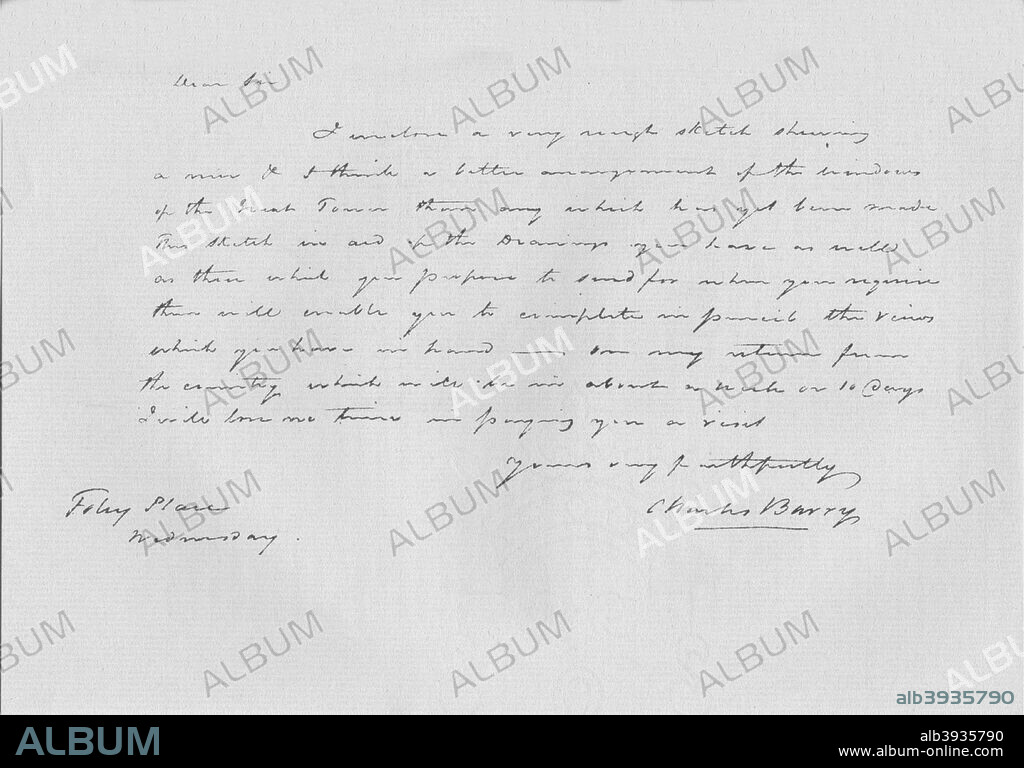 A letter from Charles Barry, c1840 (1904). Sir Charles Barry (1795-1860) was an English architect best known for his work in the rebuilding of the Palace of Westminster. From The The Royal Academy From Reynolds to Millais Edited by Charles Holme. [Offices of The Studio, London, Paris and New York, 1904].
