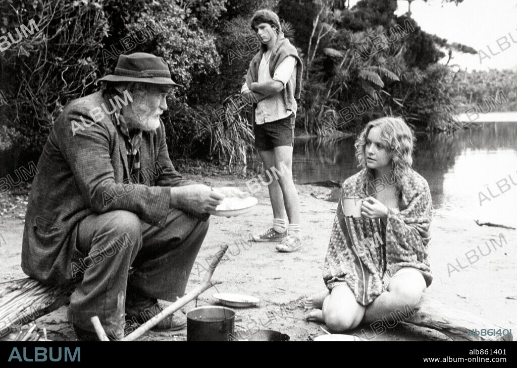 DEREK HARDWICK, PAUL O'SHEA and REBECCA GIBNEY in AMONG THE CINDERS, 1983, directed by ROLF HADRICH. Copyright PACIFIC FILMS.