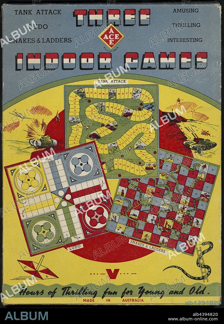 Board Games - Ace, 'Three Indoor Games', 1930s, Box containing set of three indoor board games: Snakes and Ladders, Tank Attack and Ludo. Used circa 1930-1939. World War II changed life for everyone - including children. While fathers were away fighting 'Mr Hitler', many mothers worked long hours in offices and factories. Food and clothing were rationed, and children helped grow vegetables in backyard 'victory gardens'. After Japan entered.