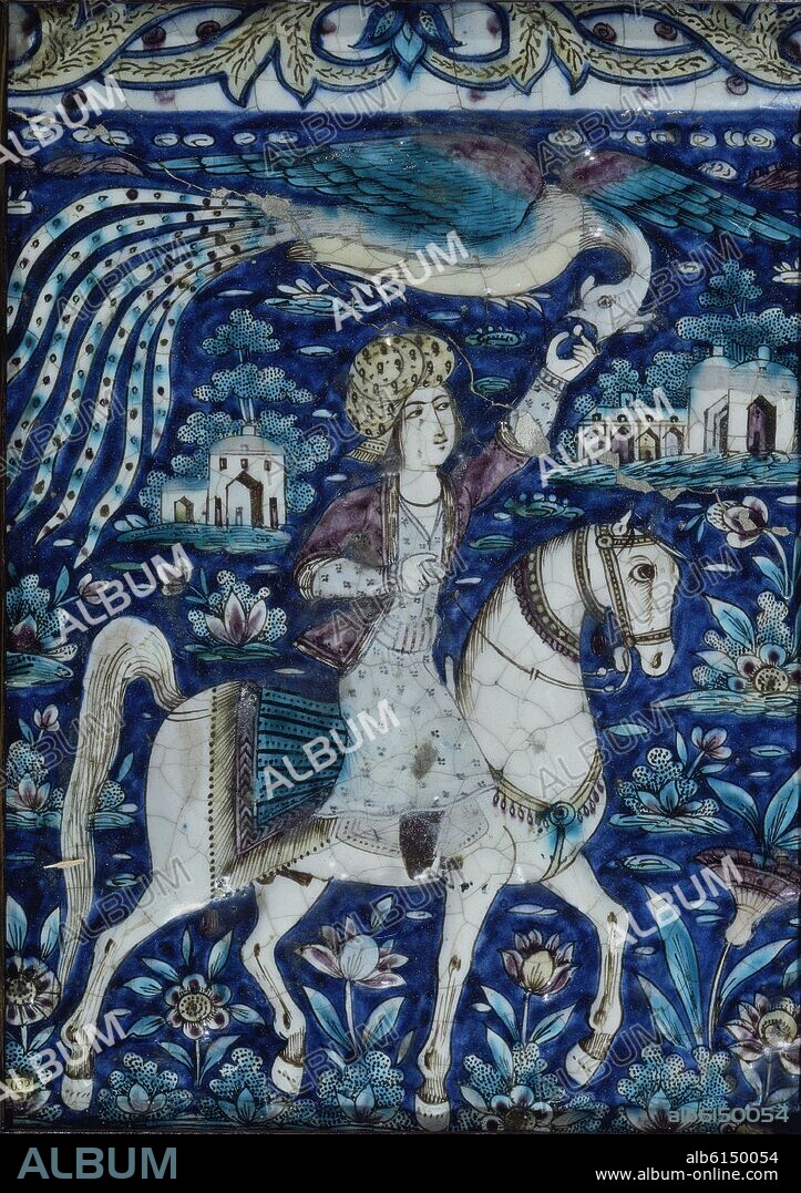 AZULEJO PERSA DE CABALLERO CON PAJARO.