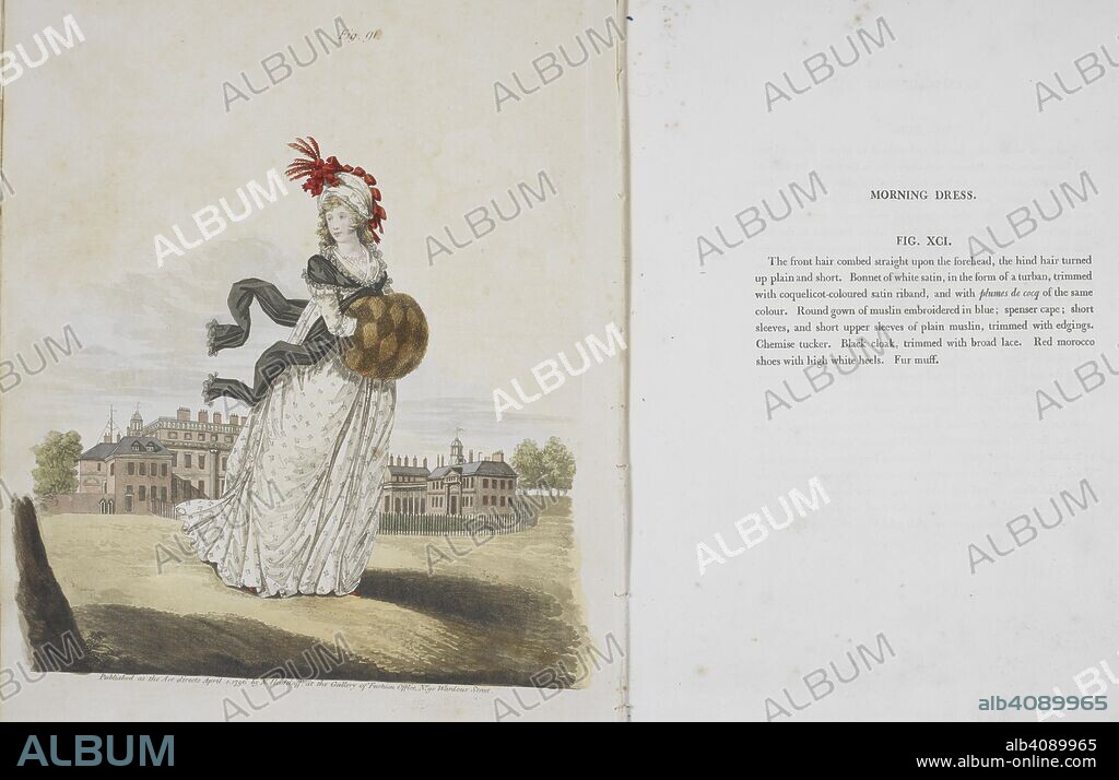 Morning dress. A woman wearing a bonnet of white satin, in the form of a turban, with red coloured satin riband and feathers. She wears a white gown, a black cloak and holds a large fur muff. Gallery of Fashion. London, 1794-1802. Source: C.106.k.16 vol.3-4 fig.91.
