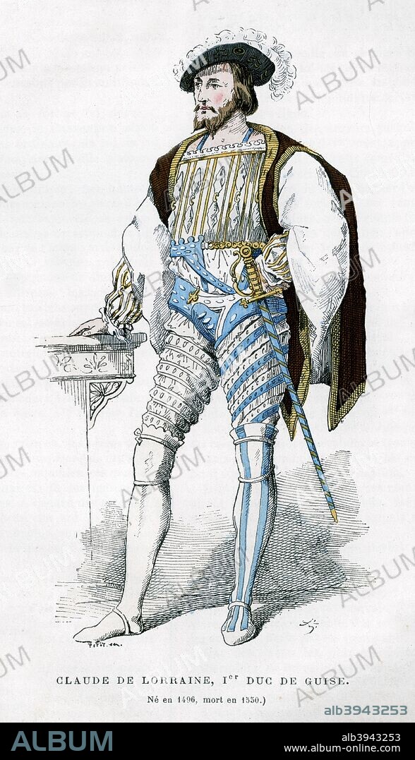 Claude de Lorraine, 1st Duke of Guise, 16th century (1882-1884). Claude (1496-1550) distinguished himself as a soldier fighting in the Italian Wars. He was made the first Duke of Guise by King Francis I when he returned to France in 1528 from his captivity at the hands of the Emperor Charles V. This made the Guises extremely powerful as they claimed precedence over the Bourbon princes of Conde and Conti. A print from La France et les Français à Travers les Siècles, Volume III, F Roy editor, A Challamel, Saint-Antoine, 1882-1884.