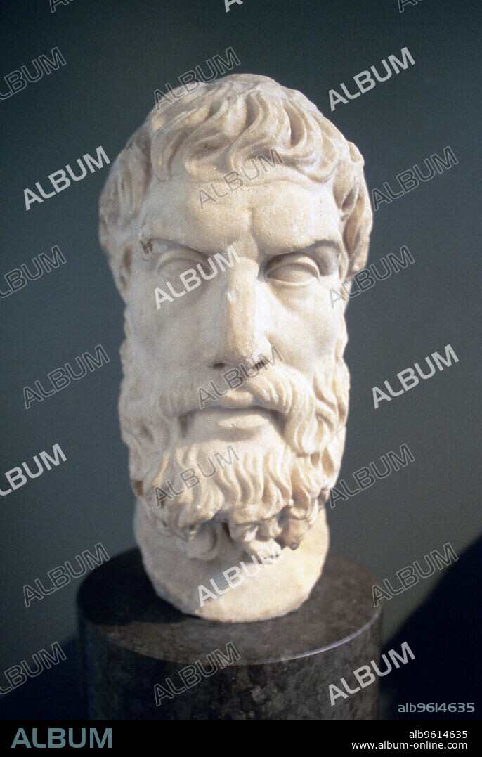 Epicurus, Ancient Greek philosopher. Epicurus (341-271 BC) was the founder of the Epicurean school of philosophy. Portrait bust, a Roman copy of a lost Greek original of the 3rd or 2nd century BC.