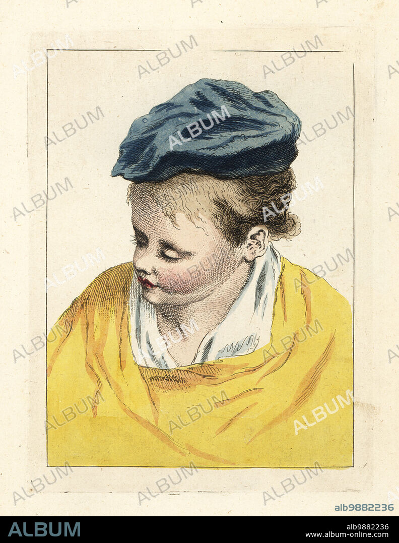 Figure of a girl in velvet cap looking down, from a painting by old master in an 18th century art tutorial book. Handcoloured copperplate engraving from Robert Sayers The Artists Vade Mecum, Being the Whole Art of Drawing, London, 1766.