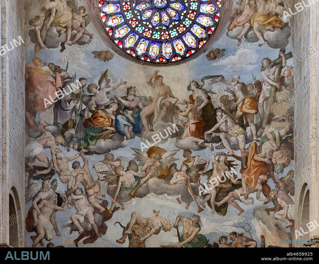 Todi, Cathedral of Santissima Annunziata or Duomo: the Counterfaçade with the fresco "The Last Judgement", by Ferraù Fenzoni known as Ferraù da Faenza, or il Faezone, 1596 and the rose. Detail.