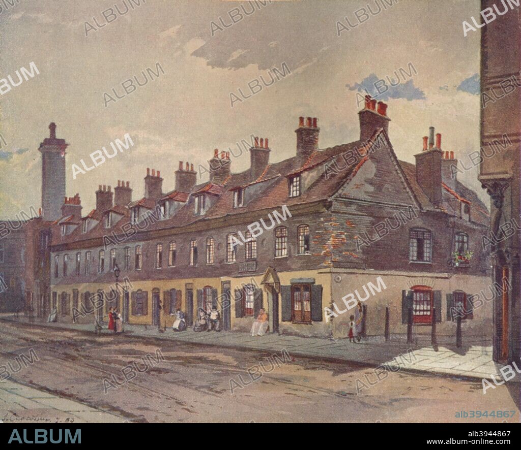 'Old Houses in Pye Street, Westminster', London, 1883 (1926). From Lost London, described by E. Beresford Chancellor. [The Chiswick Press for Constable and Company Limited, London, 1926].
