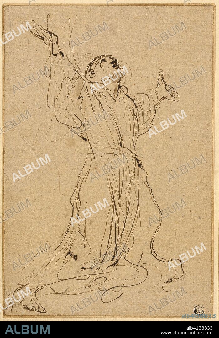 Study for Saint Francis Receiving the Stigmata. Guercino; Italian, 1591-1666. Date: 1632-1634. Dimensions: 274 x 184 mm. Pen and brown ink, with traces of brush and brown wash, on tan laid paper, laid down on cream laid paper. Origin: Italy.