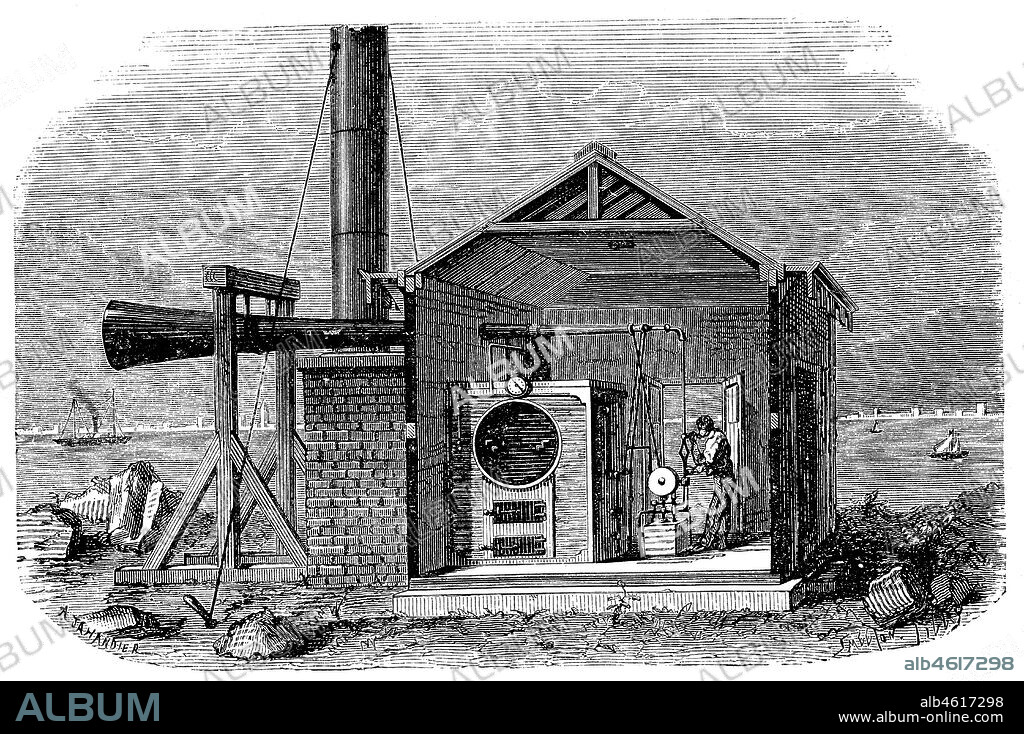 Sirena con funcionamiento a vapor instalada en un puerto marítimo para dar aviso a los navegantes. Grabado de 1892.