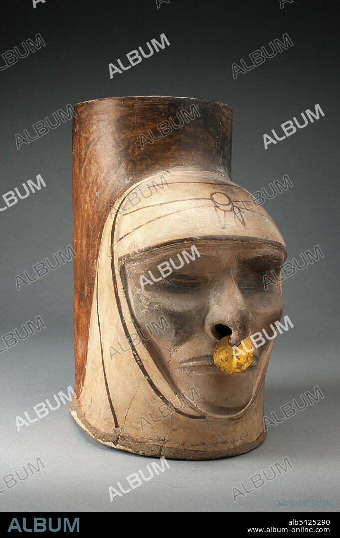 Fragment of a Jar in the Form of a Human Head, Possibly Deceased, Wearing a Nosering, 100 B.C./A.D. 500.