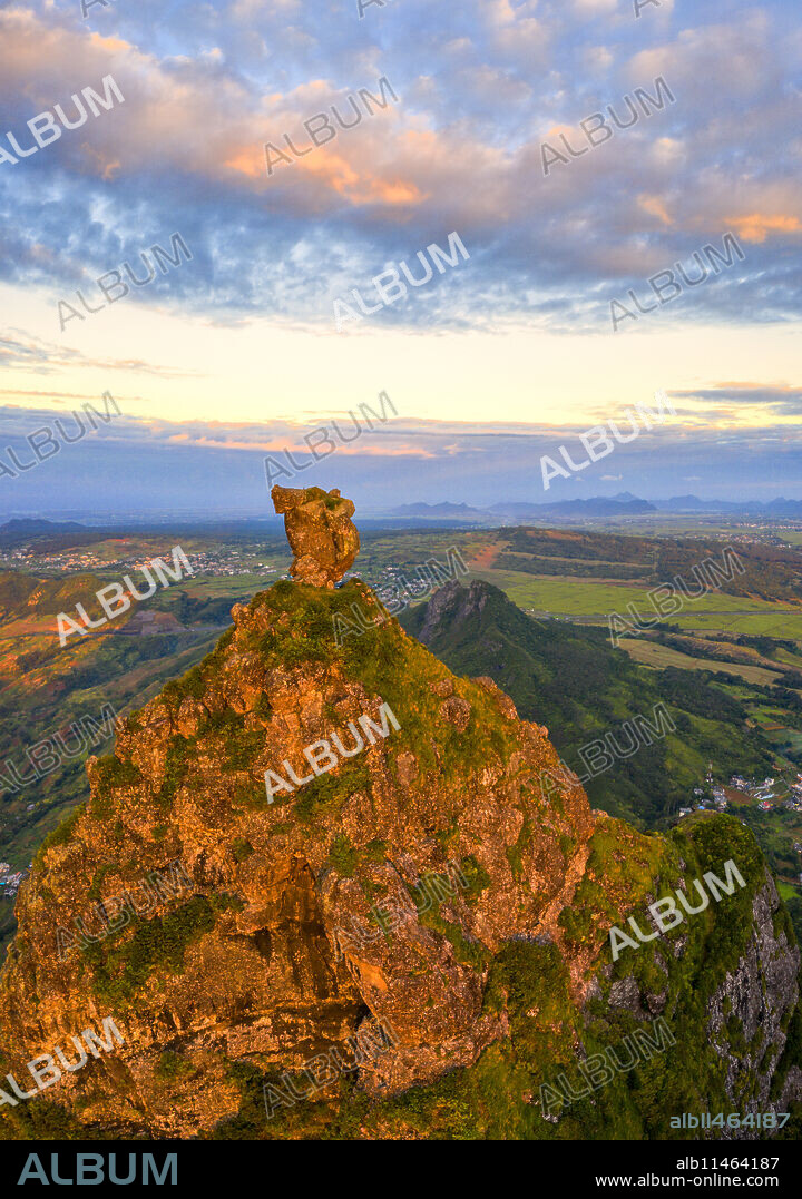 Le Pouce mountain and Pieter Both at sunset, aerial view, Moka Range, Port Louis, Mauritius, Africa.