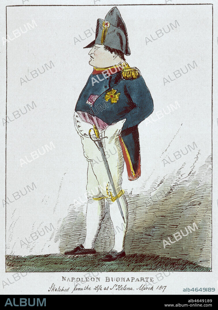 'Napoleon Bonaparte. Portrait dessine d'apres nature a Sainte-Helene en 1817.' Caricatures anglaises reunies dans l'ouvrage de John GRAND-CARTERET (1850-1937), 'Napoleon en Images' en 1895. Credit : Collection Kharbine-Tapabor.