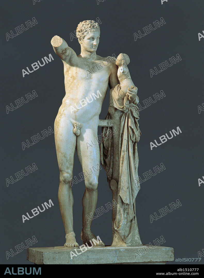 Greek civilization, 4th century b.C. Praxiteles (active 375-326 b.C.), Hermes and the infant Dionysus, marble, h.2.13 m. From the Temple of Hera at Olympia.
