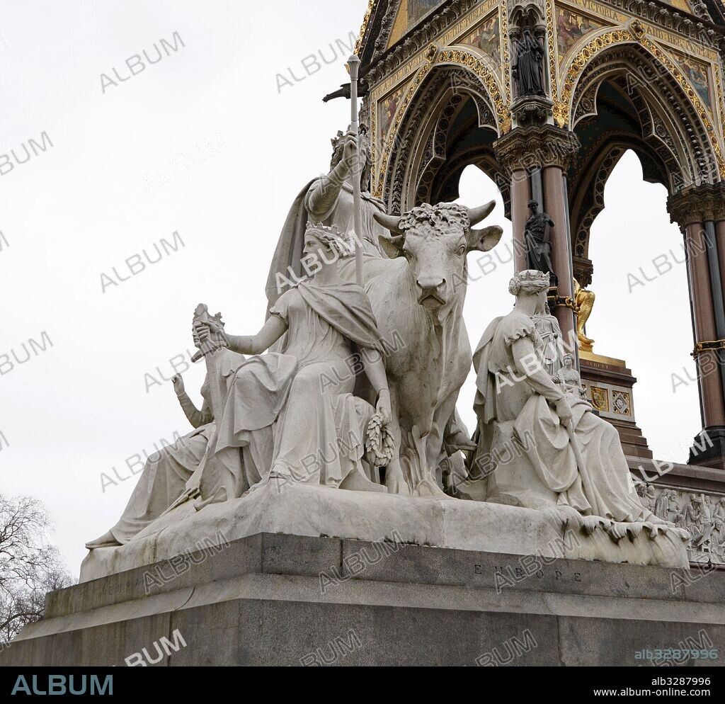 The Albert Memorial in Kensington Gardens, London. Commissioned by Queen Victoria in memory of her beloved husband, Prince Albert who died of typhoid in 1861. The memorial was designed by Sir George Gilbert Scott in the Gothic Revival style. Opened in July 1872 by Queen Victoria.