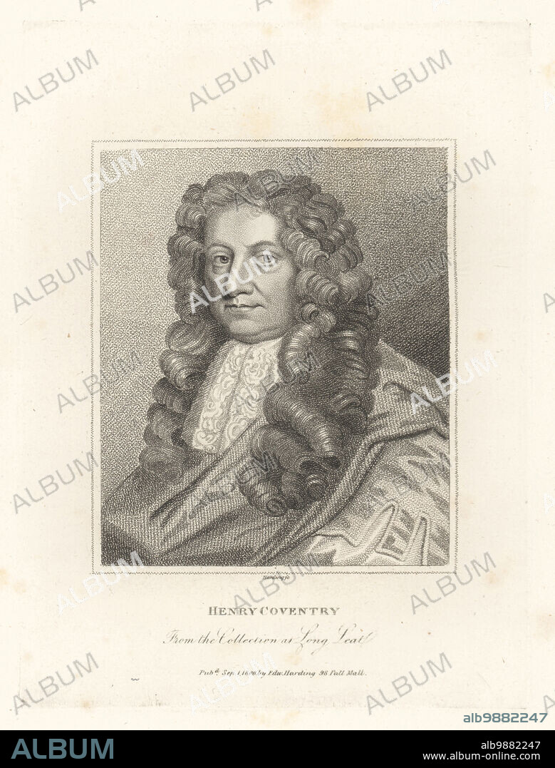 Henry Coventry, English politician; Groom of the Bedchamber to Charles II after the Restoration, British ambassador to Sweden, 1617-1686. In luxuriant wig, lace collar and cloak. From the collection at Long Leat. Copperplate engraving by Edward Harding from John Adolphus The British Cabinet, containing Portraits of Illustrious Personages, printed by T. Bensley for E. Harding, 98 Pall Mall, London, 1800.