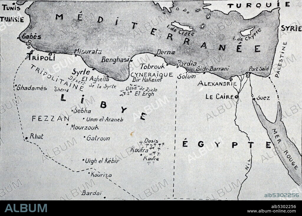 Black and white photograph of World War II (1939-1945); map of Libya and Egypt and during the early stages of the war showing different battle fields.
