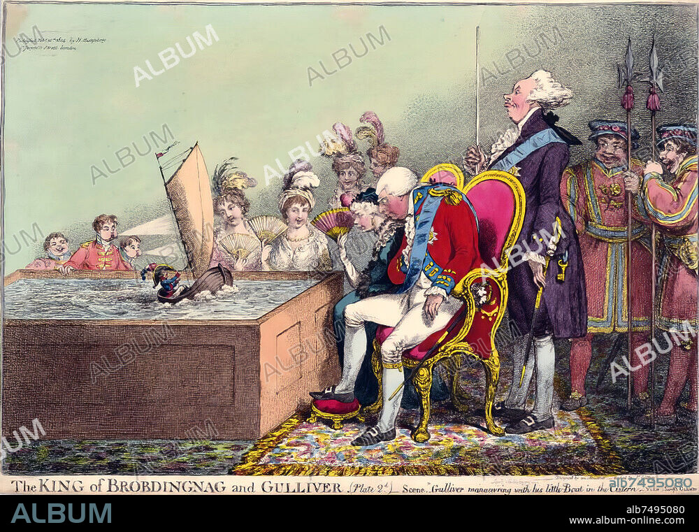 Histoire de France / Consulat. "Le Roi de Brobdingnag et Gulliver". Caricature anglaise suite aux événements de mai 1803 qui conduisirent à la rupture entre la France et l'Angleterre et, le 20 mai 1803, à l'annonce faite par le Premier Consul au Sénat, au Corps législatif et au Tribunat, de la déclaration de guerre avec l'Angleterre. Sur la caricature, le roi d'Angleterre George III est le roi de Brobdingnag qui regarde Napoléon Bonaparte en Gulliver se démener avec un petit bateau à voile dans un petit bassin. Derrière le roi, se tient Lord Salisbury. Le roi George III déclare "Cela m'a fait réfléchir à quel point il est vain pour un homme d'essayer de se faire honneur parmi ceux qui sont en dehors de tout degré d'égalité ou de comparaison avec lui". Caricature (45x35 cm), Juin 1803. Collection particulière.