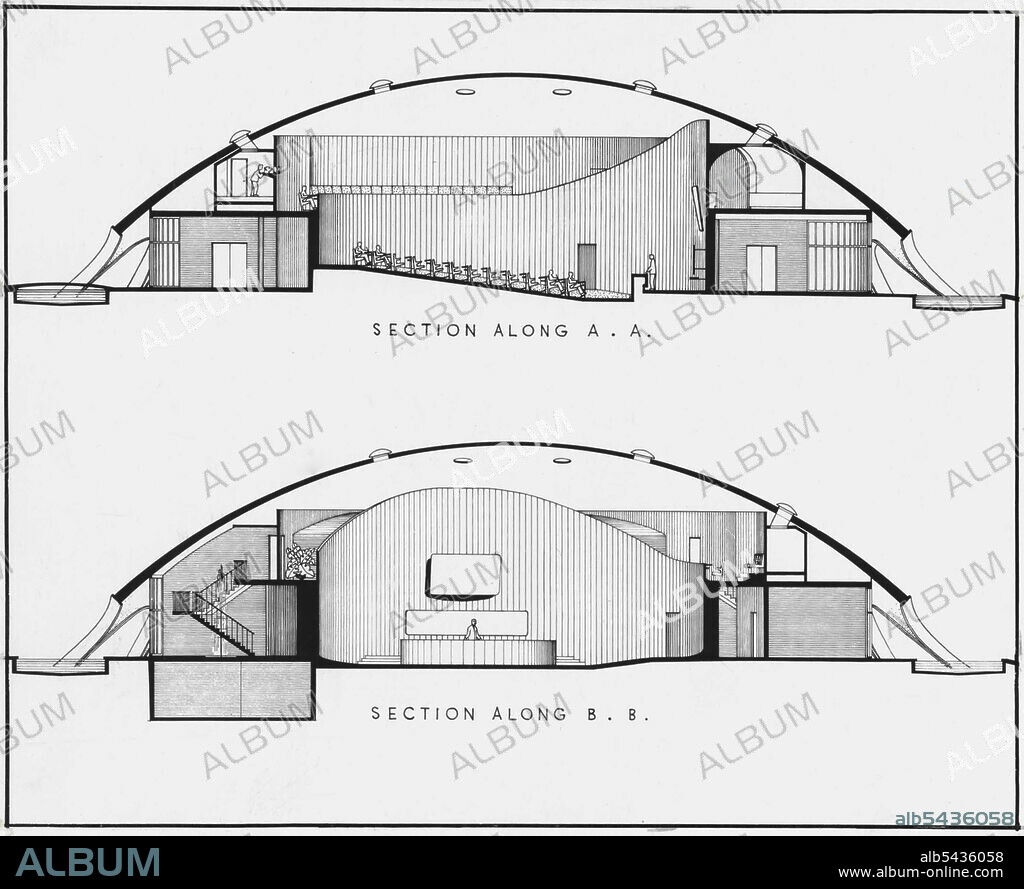 Building for the Australian Academy of Science Canberra. Grounds, Romberg and Boyd, Architects. Sections of the interior showing the conference chamber and surrounding galleries. April 30, 1951.