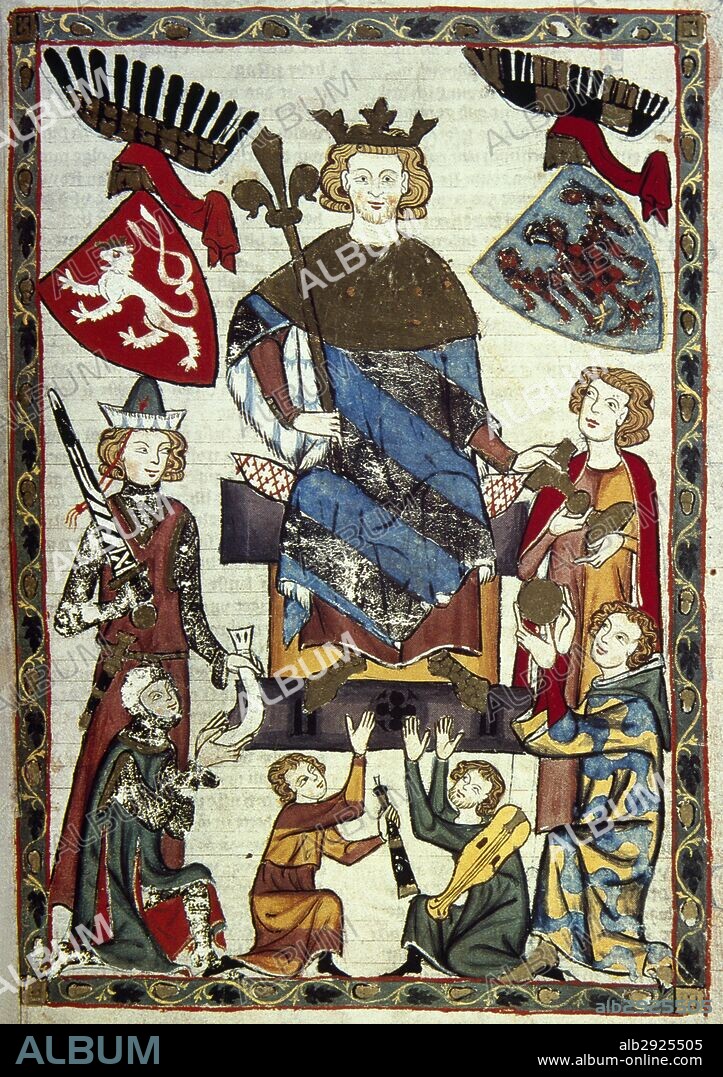 WENCESLAO II (Praga,1271-Praga,1305). Rey de Bohemia (1278-1305) y Polonia (1300-1305). "EL EMPERADOR FLANQUEADO POR LOS BLASONES DE BOHEMIA Y MORAVIA". Miniatura del CODICE MANESSE (h. 1300) realizado por Rudiger Manesse y su hijo Johannes. Fol. 10r. Biblioteca Universitaria. Heidelberg. Alemania.