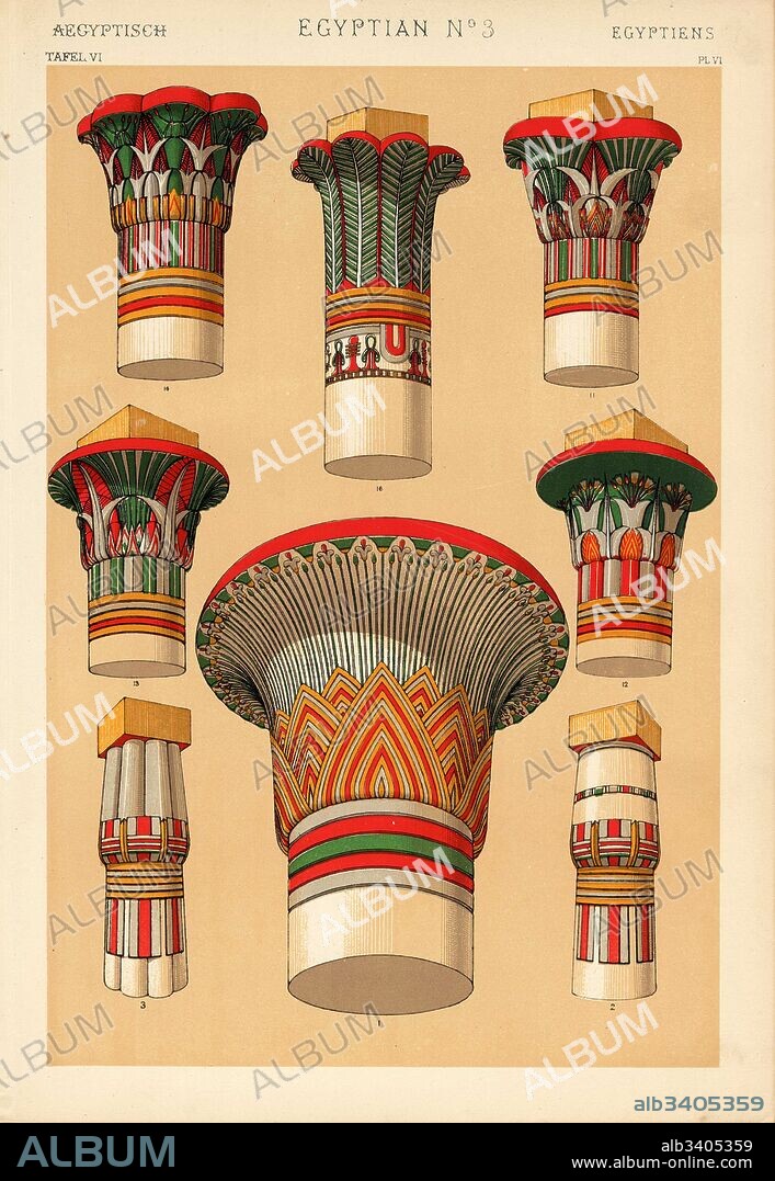 Egyptian ornaments to capitals of columns showing papyrus and palm leaves. Papyrus capitals from the Temple of Luxor 1,3, from the Memnonium 2, from the Philae Island Temple 11,13,14, from Koom-Ombos Temple 12, and palm tree capital from the Portico at Edfu 16. Chromolithograph by Francis Bedford from Owen Jones' The Grammar of Ornament, Quaritch, London, 1868.