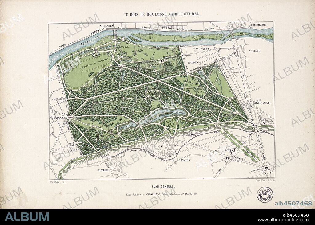 The architectural Bois de Boulogne, general plan, Plan of the Bois de Boulogne in Paris, Signed: Ch. Walter lith, Imp. Marie, pl. 1, Walter, Ch. (lith.); Marie (imp.), 1860, Th. Vacquer: Le Bois de Boulogne architectural: recueil des embellissements exécutés dans son enceinte et à ses abords. Paris: Caudrilier, 1860.