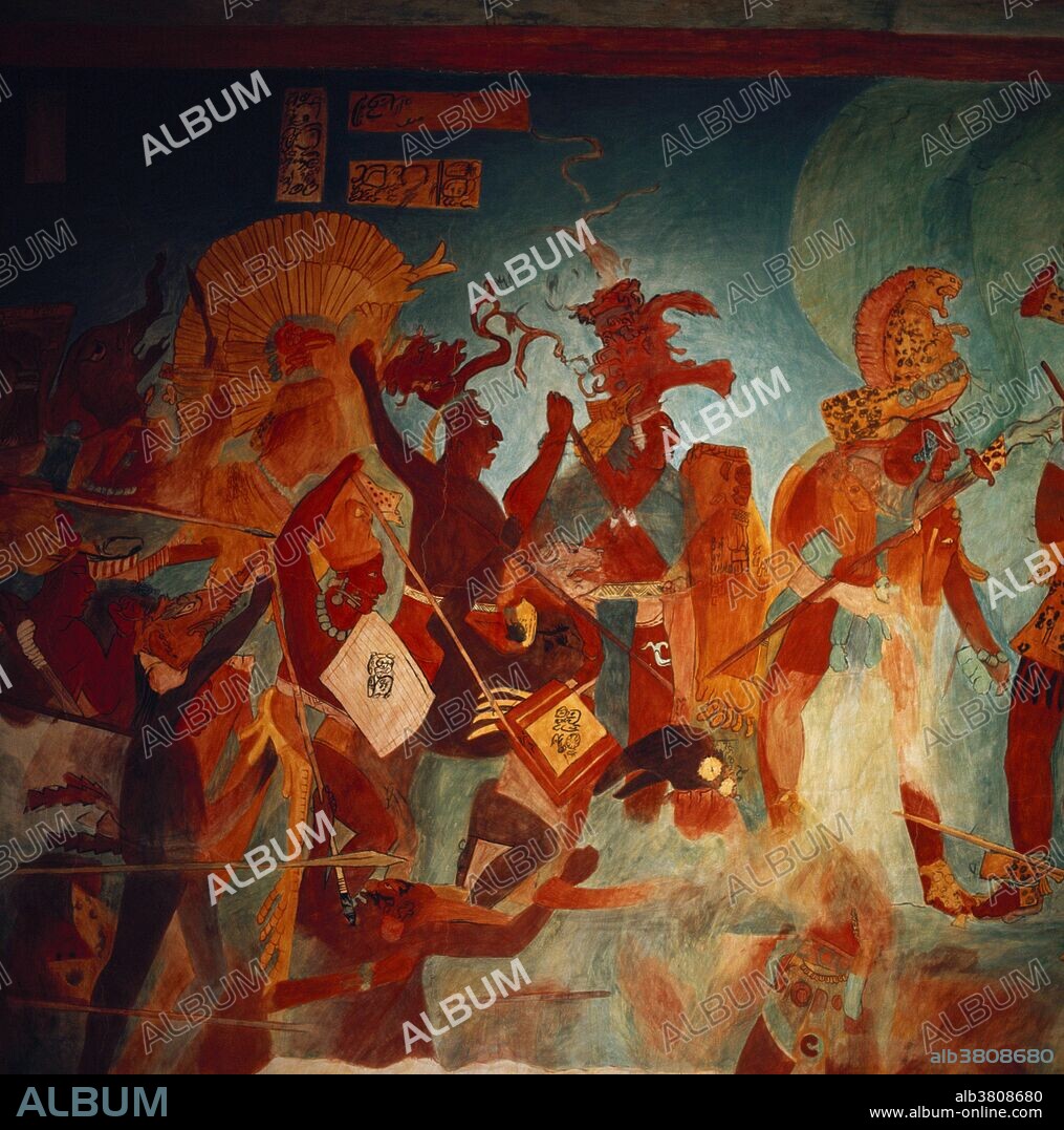 Mayan fresco from The Temple of the Murals at Bonampak, an ancient Maya archaeological site in the Mexican state of Chiapas. The murals, considered the finest examples of classic Maya painting, were produced circa 790 CE. This reproduction, a detail of a war scene, is in the National Museum of Anthropology in Mexico City, Mexico.