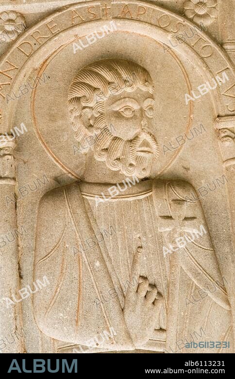 Moissac (Dép.Tarnet-Garonne, Midi-Pyrénées, Frankreich), Abtei / Abbaye Saint-Pierre, Kreuzgang / Cloître (1100 geweiht).-Der Apostel Andreas (Ausschnitt).-Relief, kurz vor 1100. Eckpfeiler der Nord-und Westgalerie. Foto, 2007.