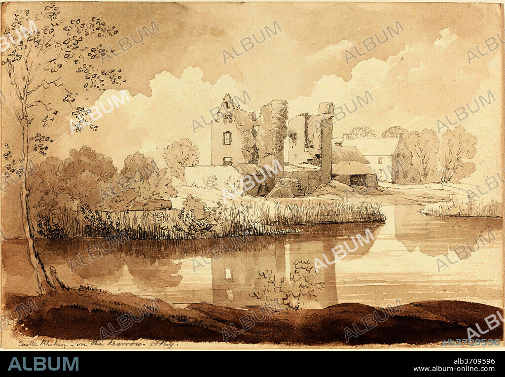 ATTRIBUTED TO JAMES BULWER. Castle Rheban on the River Barrow, Athy. Dimensions: overall (approximate): 18.1 x 26.2 cm (7 1/8 x 10 5/16 in.). Medium: graphite and black chalk with brown wash on paperboard.