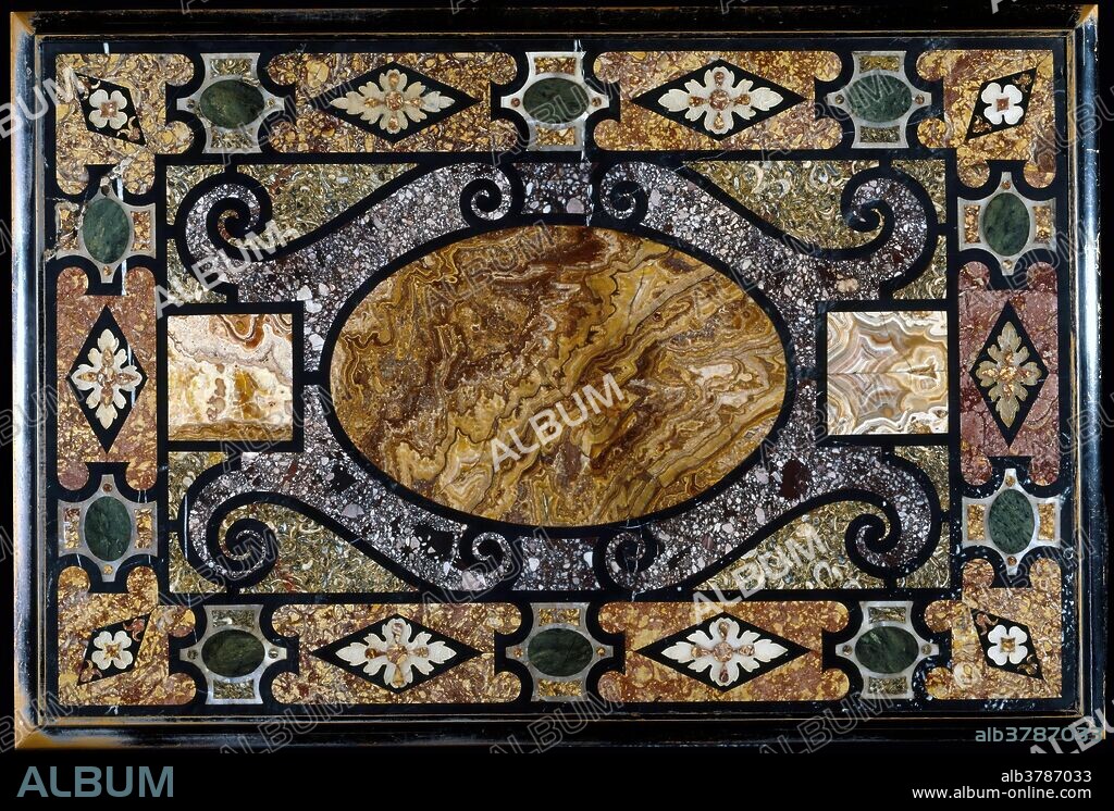 Taller romano / 'Tablero de mesa'. Principio del siglo XVII. Alabastro, Paragone, Piedras duras u ornamentales, piedras preciosas, 126,5 x 83 cm.