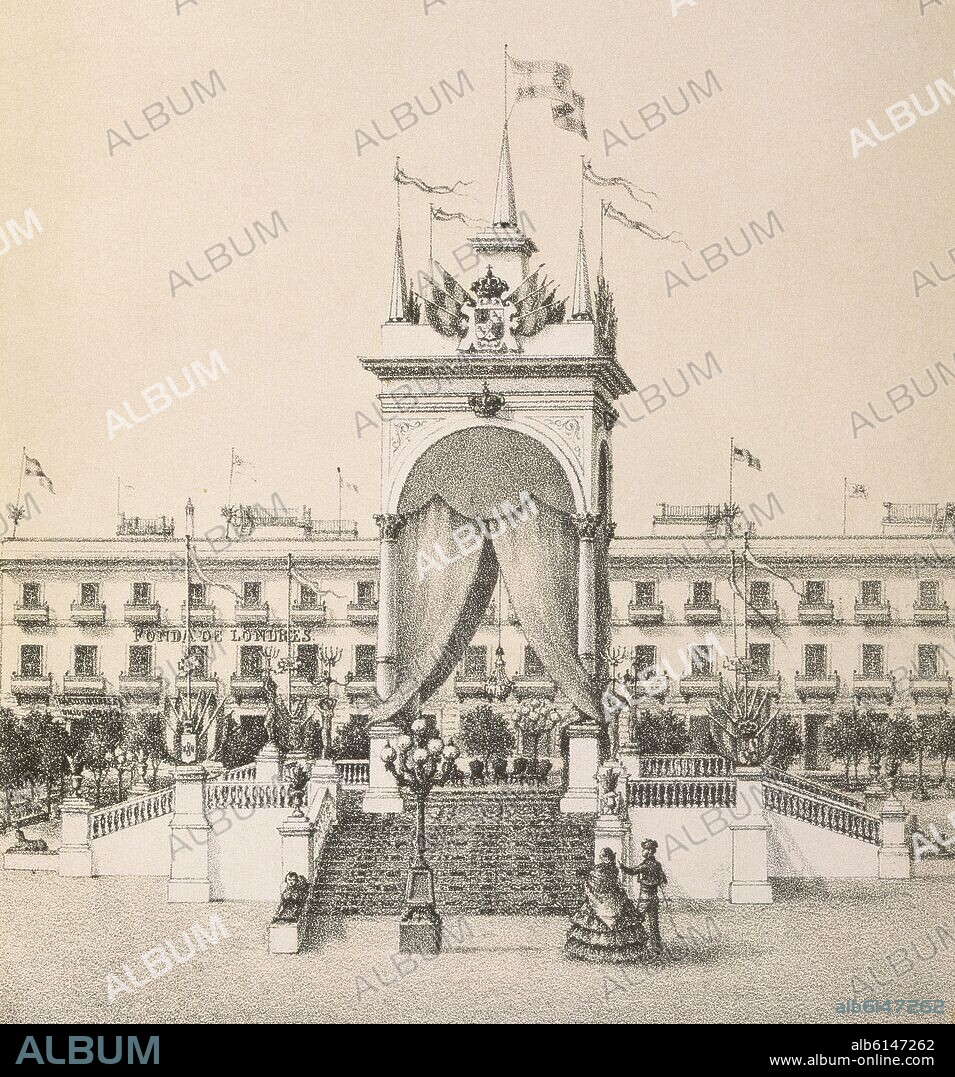 TUBINO FRANCISCO MARIA. LA CORTE EN SEVILLA - OBELISCO DE LA PLAZA NUEVA - SEVILLA - SIGLO XIX.