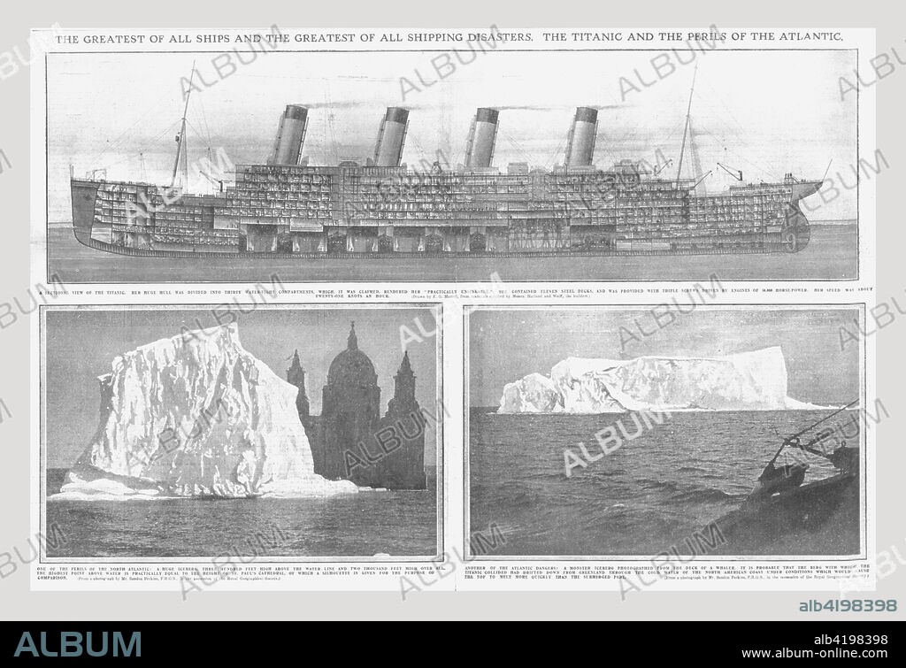 Sectional diagram of the 'Titanic', and iceberg, April 20, 1912. 'The Greatest of All Ships and the Greatest of All Shipping Disasters. The Titanic and the Perils of the Atlantic': sectional diagram of the 'Titanic', showing the state rooms, cabins, cargo holds and engine rooms, and illustrations of icebergs, one with silhouette of St Paul's Cathedral for scale. The White Star Line ship RMS 'Titanic' struck an iceberg in thick fog off Newfoundland on 14 April 1912. She was the largest and most luxurious ocean liner of her time, and thought to be unsinkable. In the collision, five of her watertight compartments were compromised and she sank. Out of the 2228 people on board, only 705 survived. A major cause of the loss of life was the insufficient number of lifeboats she carried. Pages 10-11, from "Titanic In Memoriam Number", a special supplement in "The Daily Graphic" newspaper issued following the sinking of the 'Titanic' on 15 April 1912, published on 20 April 1912.